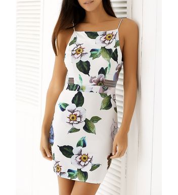 Spaghetti Strap Print Backless Bodycon Dress