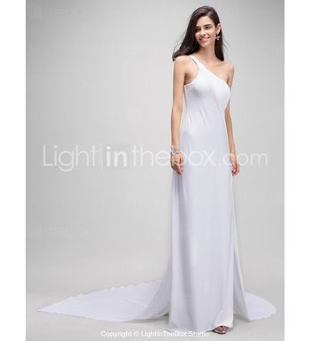 Formal Evening Dress Sheath / Column One Shoulder Watteau Train Jersey with